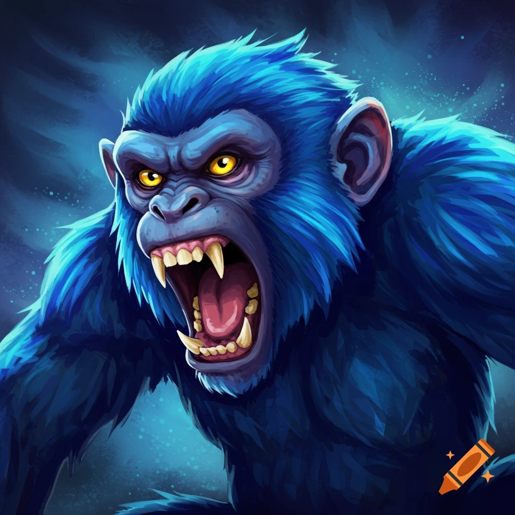Illustration of an angry blue monkey with sharp teeth.