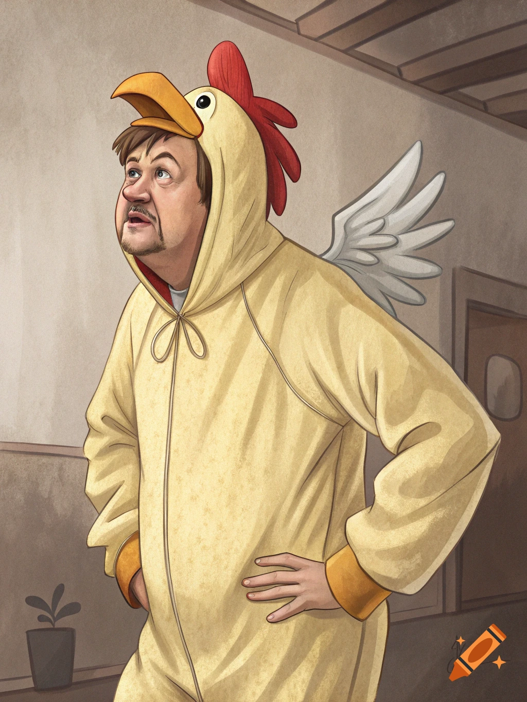 An illustration of a man in a yellow chicken costume with wings, looking up.