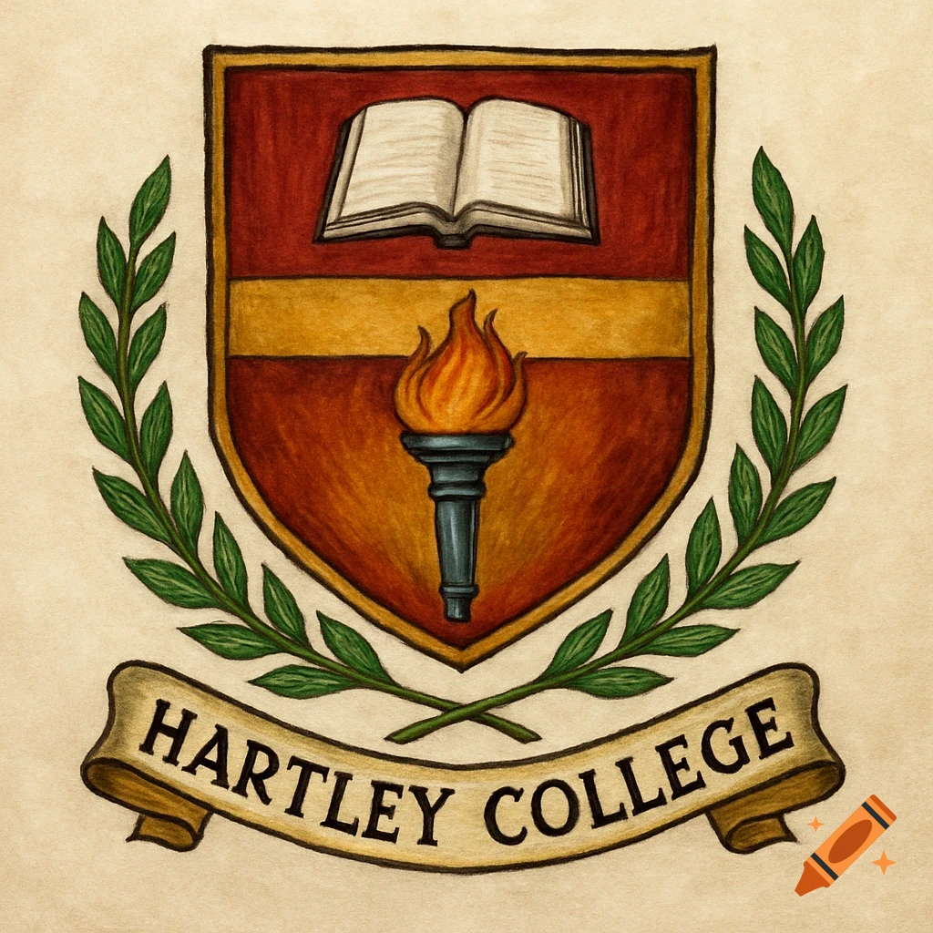 Illustration of a college crest with a shield, open book, flaming torch, and banner reading "HARTLEY COLLEGE"