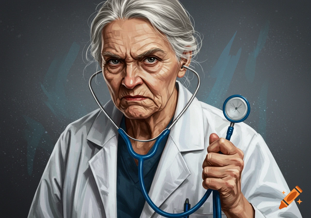 An illustration of an angry elderly female doctor holding a stethoscope.