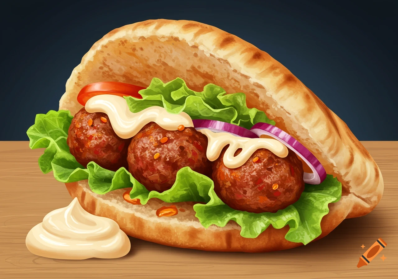 Illustrative close-up of a pita sandwich filled with meatballs, lettuce, onion, and a creamy sauce.