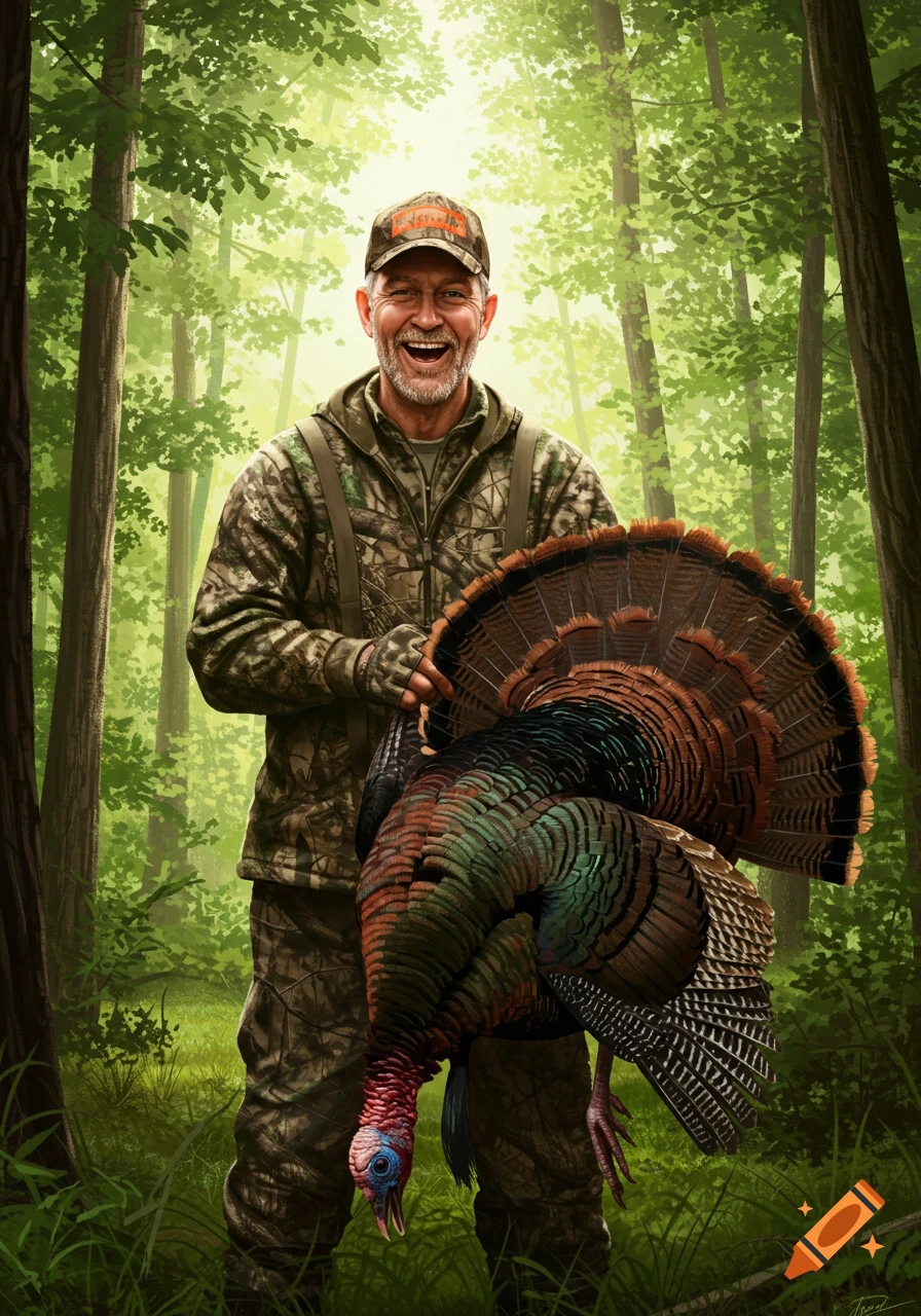Illustration of a smiling hunter holding a harvested turkey in a forest.