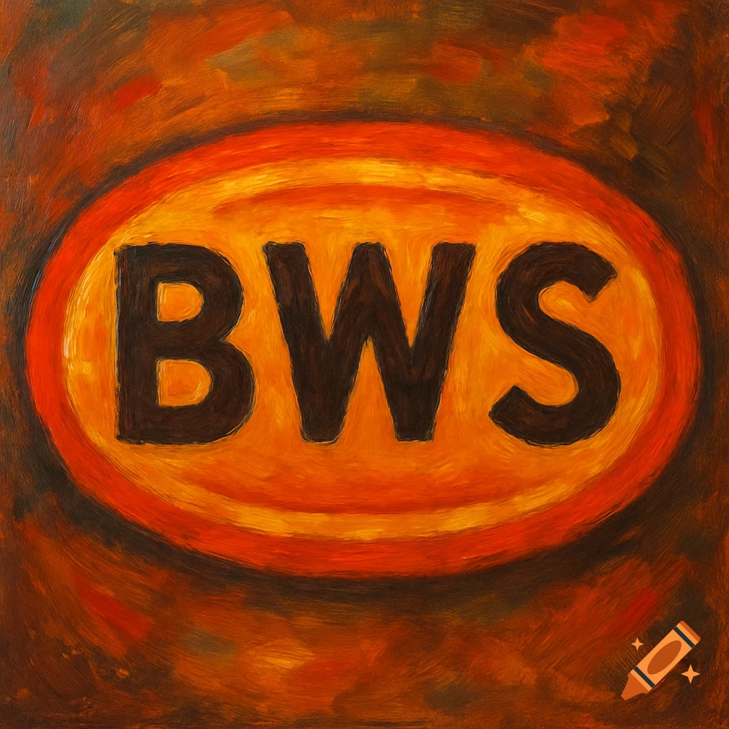 Oil painting of the letters BWS in an orange oval