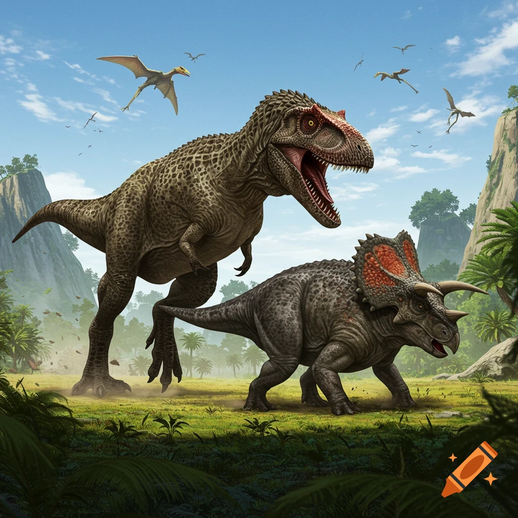A Giganotosaurus and a Torosaurus stand in a grassy landscape with mountains and pterodactyls in the background.