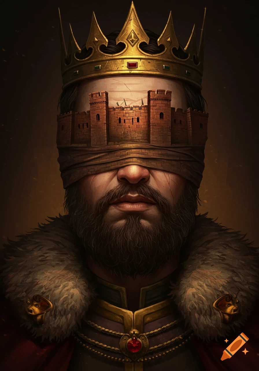A portrait of a king wearing a crown with a brick fortress covering his eyes