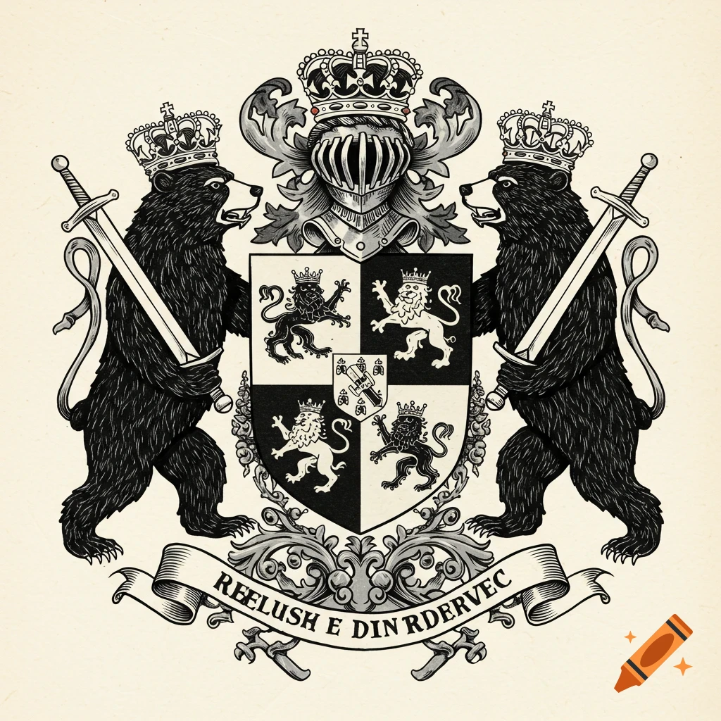 Black and white coat of arms with two crowned bears holding swords, flanking a shield.