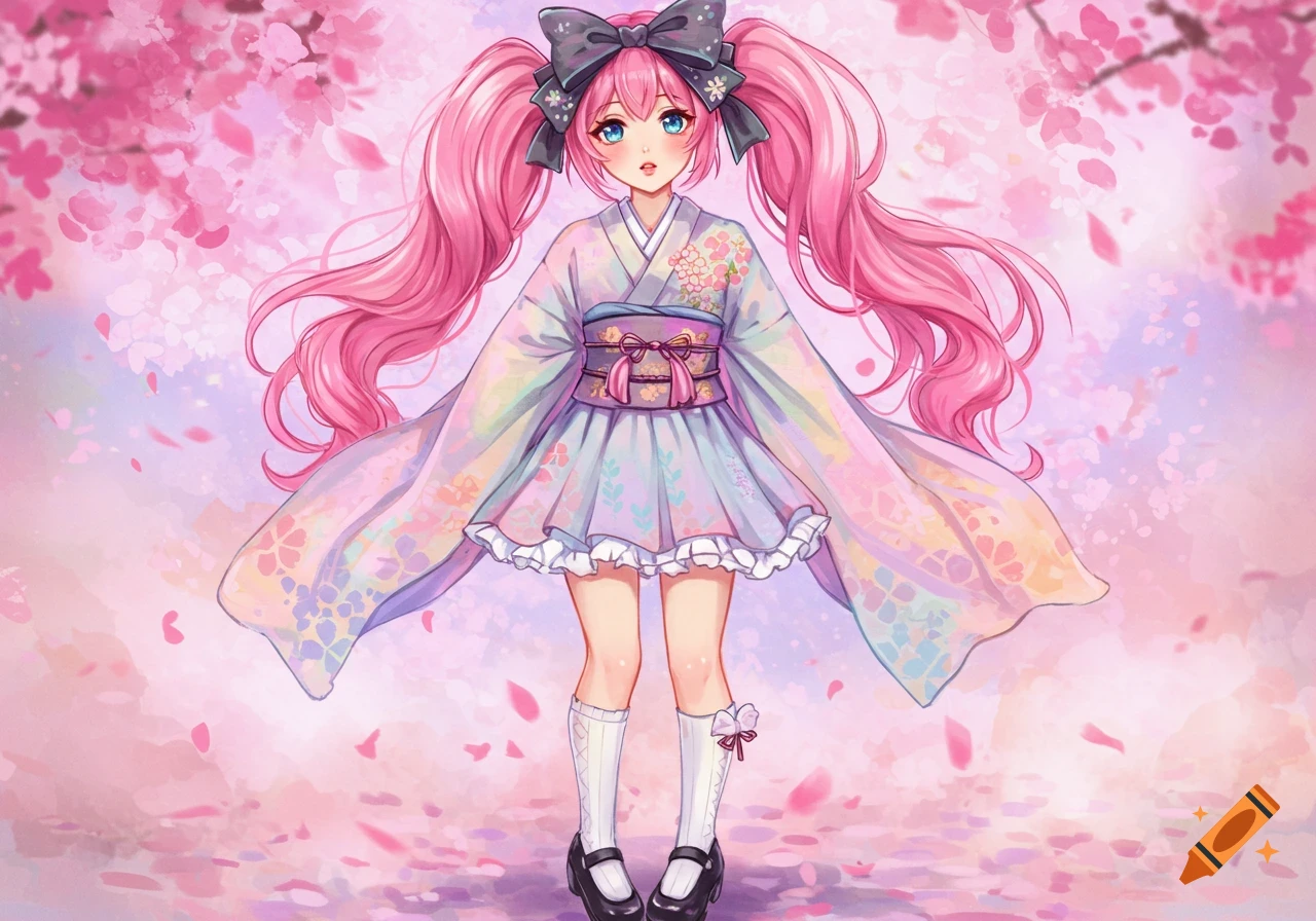 Anime girl with pink pigtails in a pastel kimono dress stands under cherry blossoms.