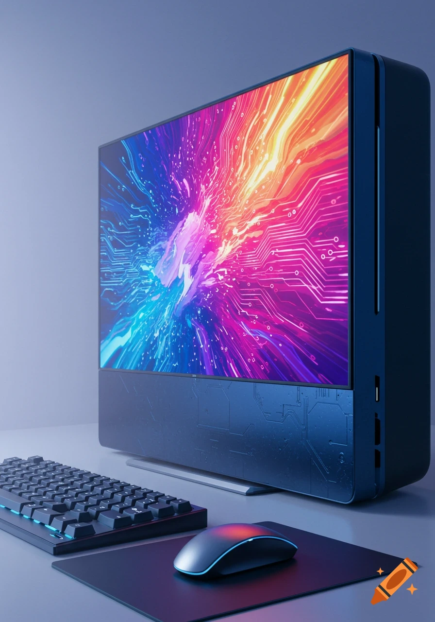 A futuristic computer with a colorful abstract display, keyboard, and mouse on a desk.