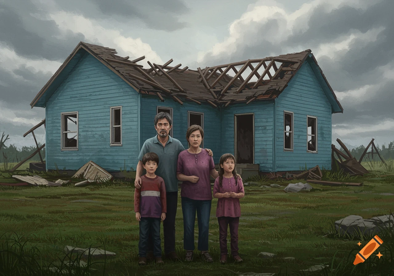 A family stands in front of their damaged house under a cloudy sky in an illustration.
