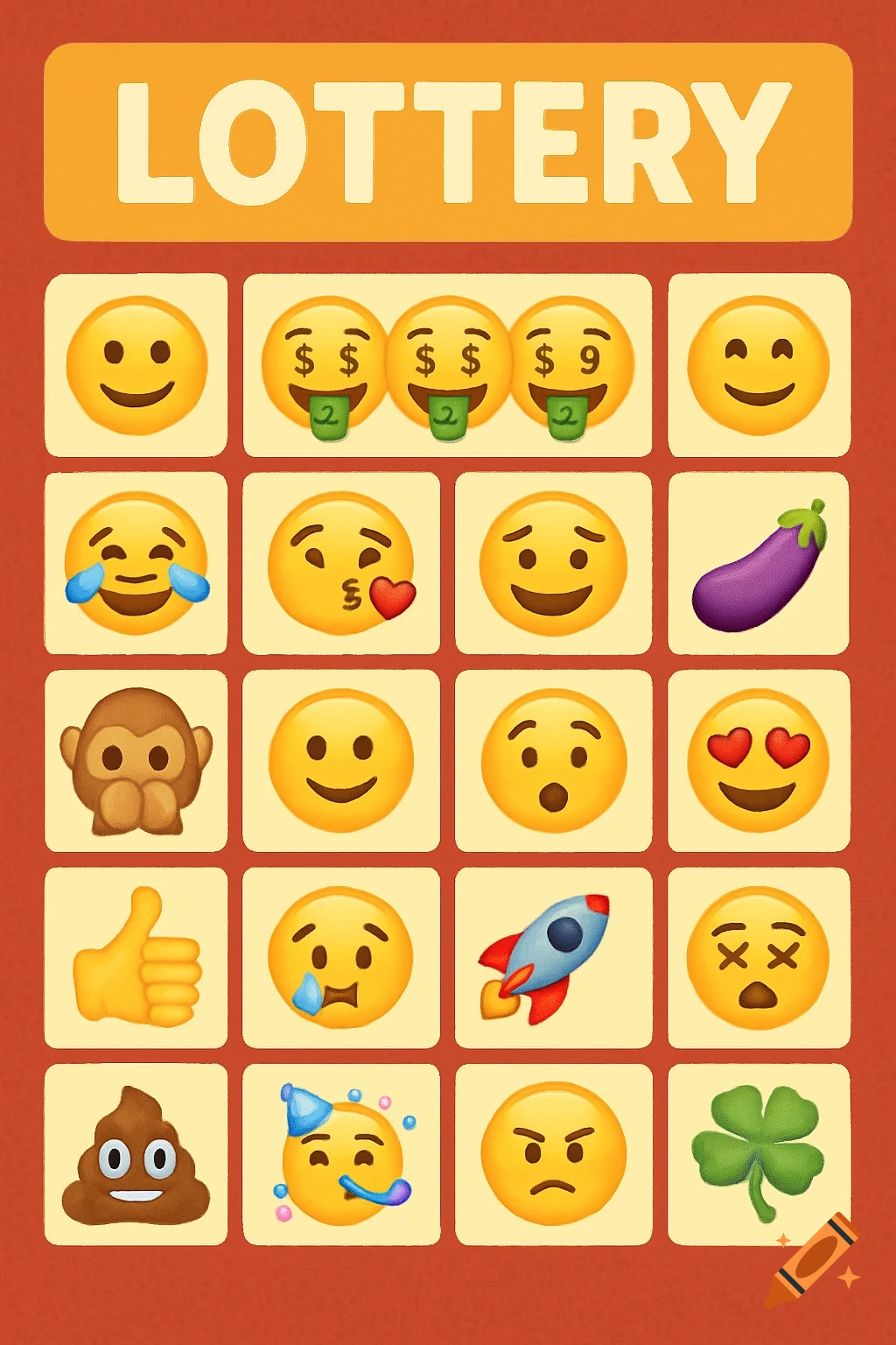 Illustration of a lottery ticket with a grid of various emojis.