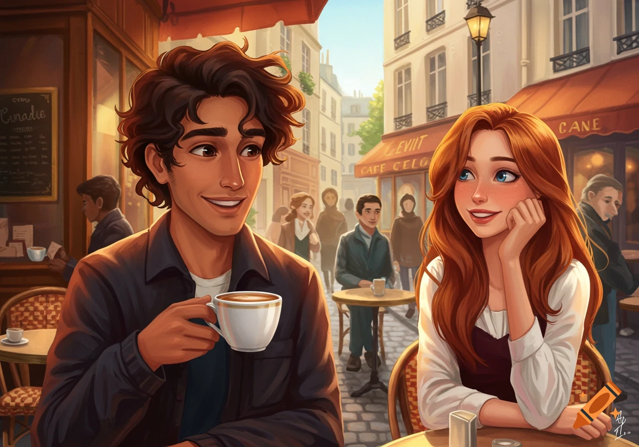 Illustrated image of a smiling young couple at an outdoor cafe in a city.