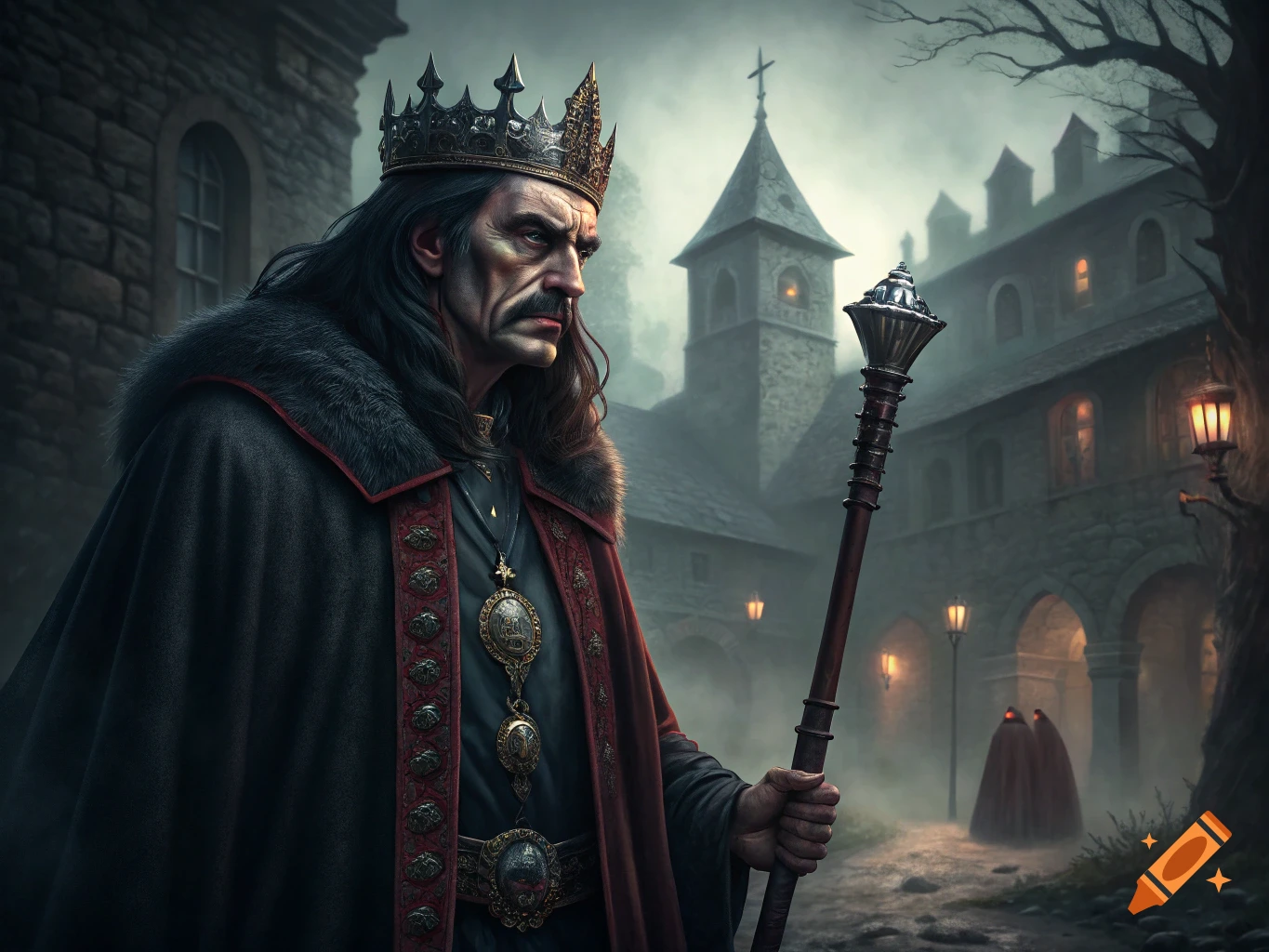 A stern man in a crown and cape holding a staff stands before a dark castle in the mist.