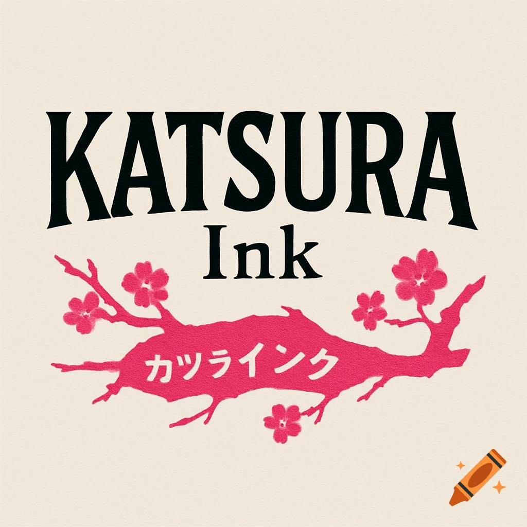 Logo for KATSURA Ink with text and a pink floral branch containing Japanese text.