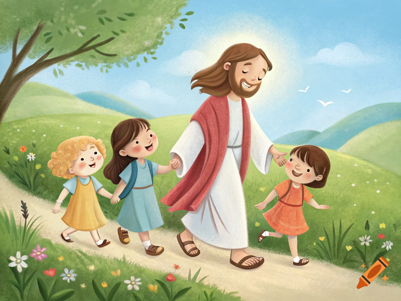 Jesus walking with children on a path in a sunny landscape, watercolor ...