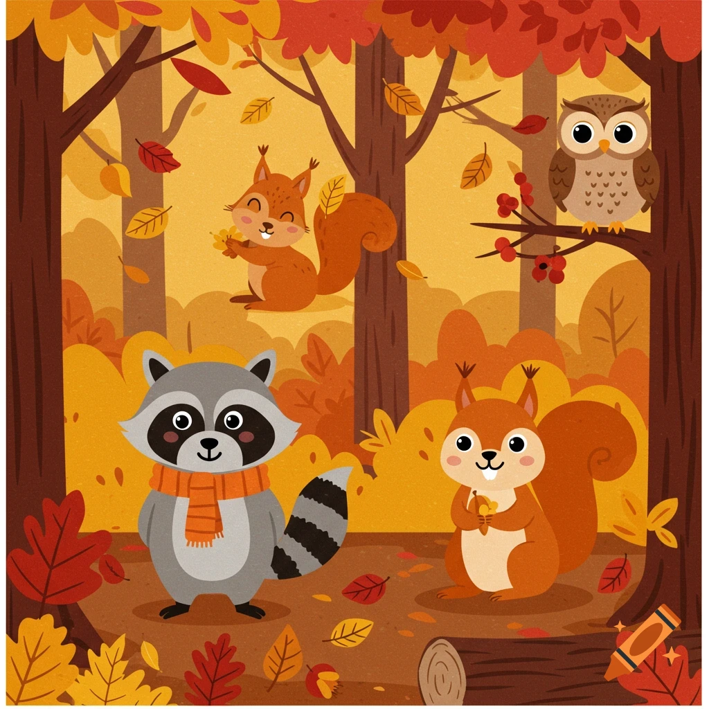 Cartoon illustration of a raccoon, two squirrels, and an owl in an autumn forest.