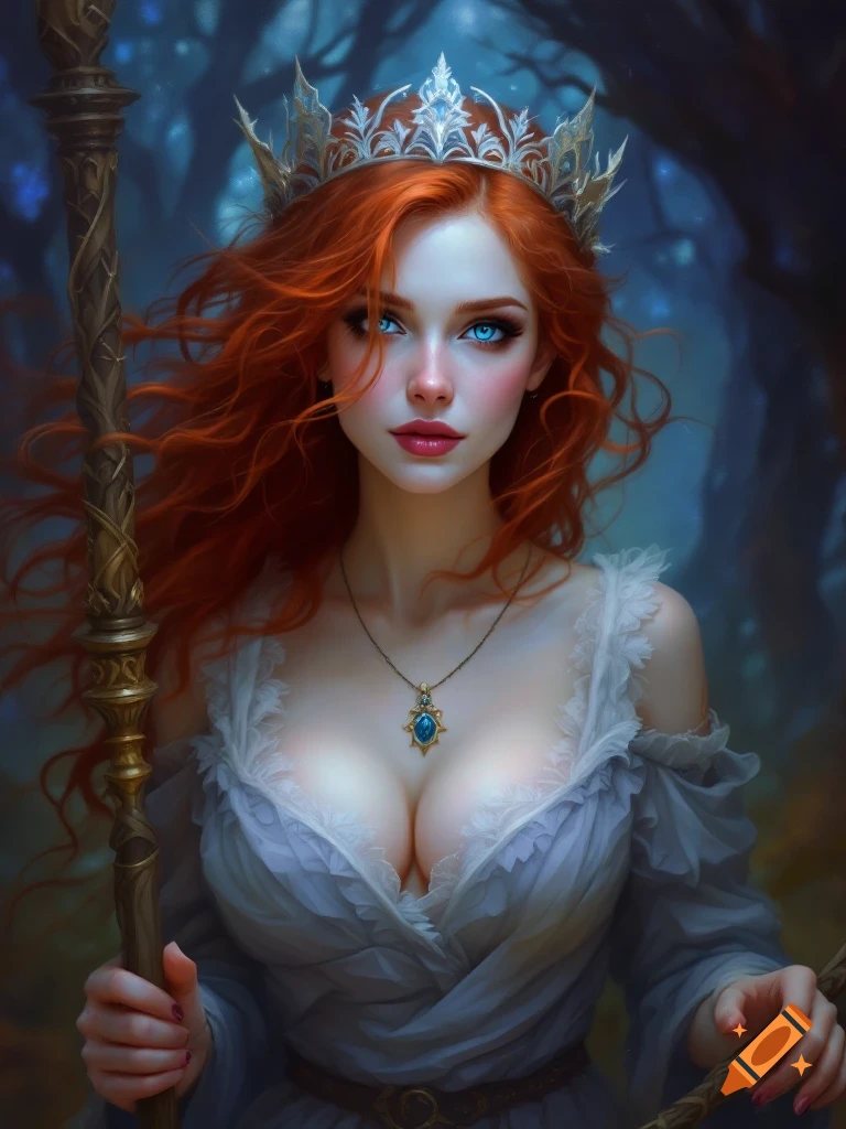 Fantasy portrait of a red-haired woman with blue eyes, wearing a crown and holding a staff in a forest.