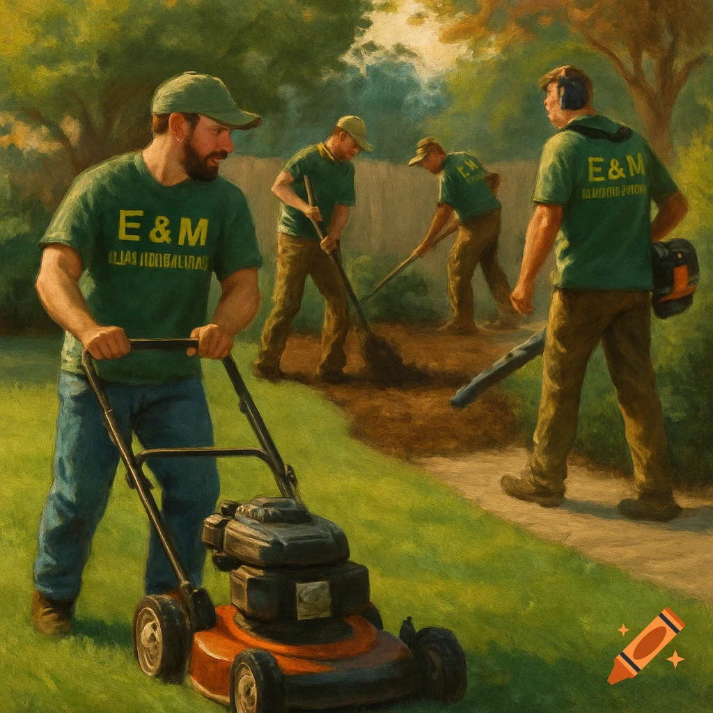 Men doing yard work, mowing, sweeping, and blowing, wearing green shirts. Painterly style.