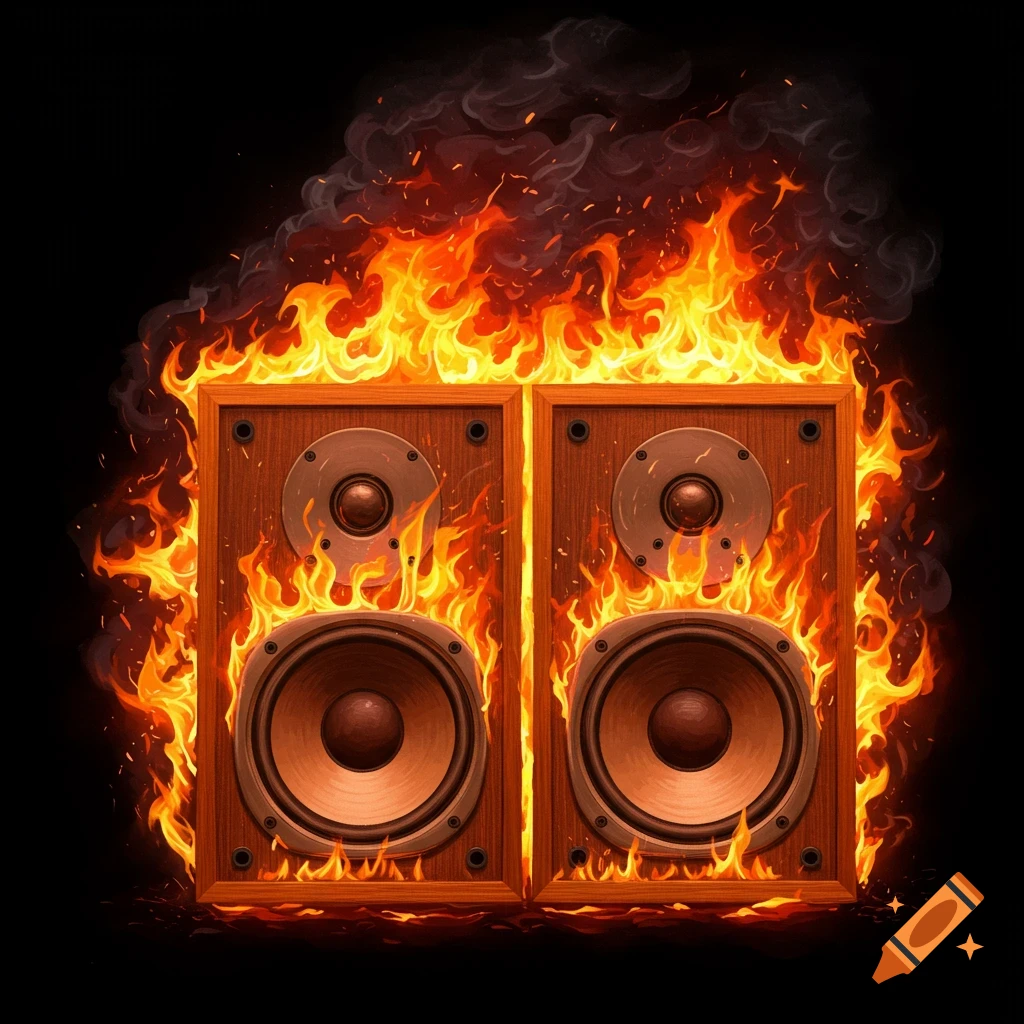 Two stereo speakers engulfed in flames on a black background, digital ...