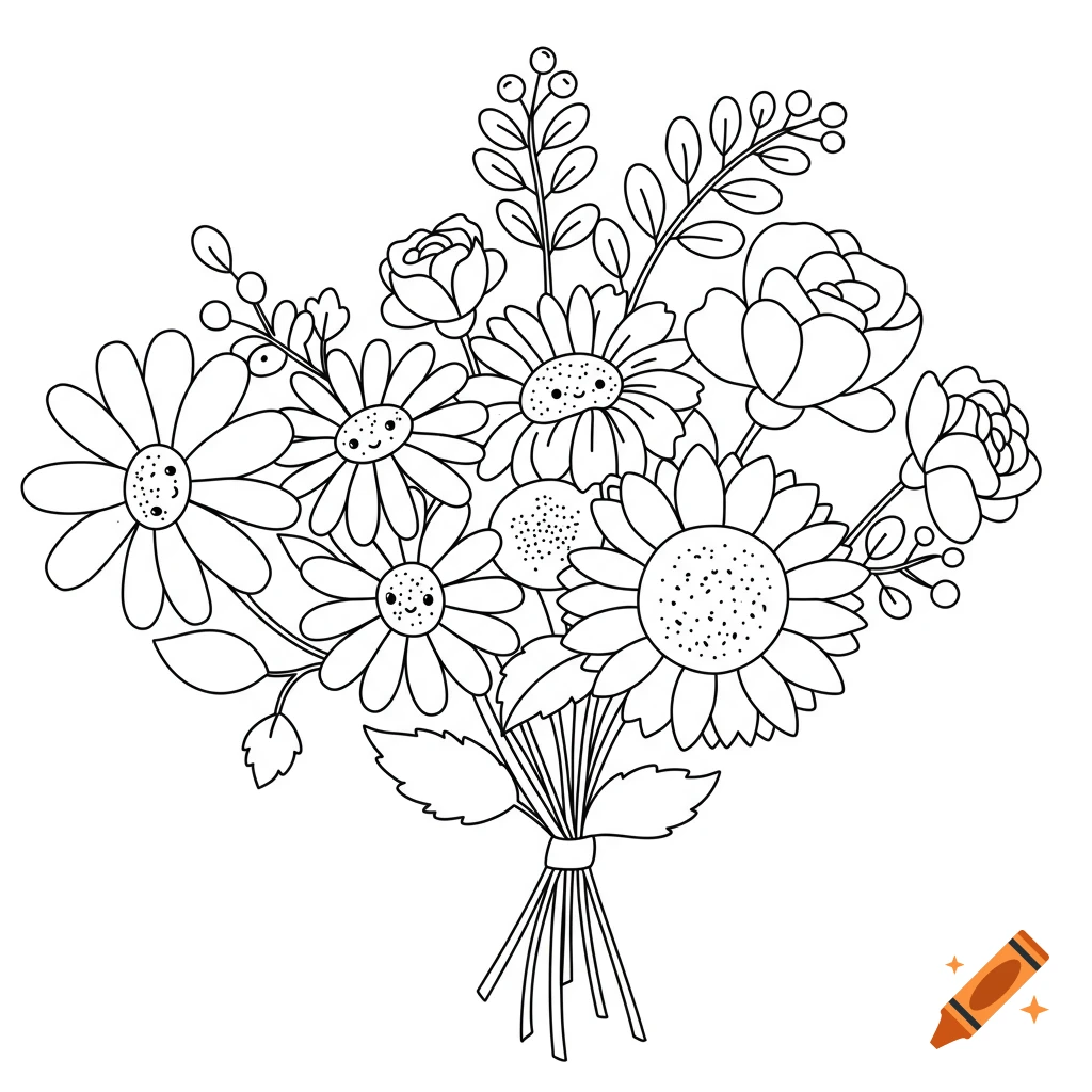 Line art drawing of a cute flower bouquet, coloring page style.