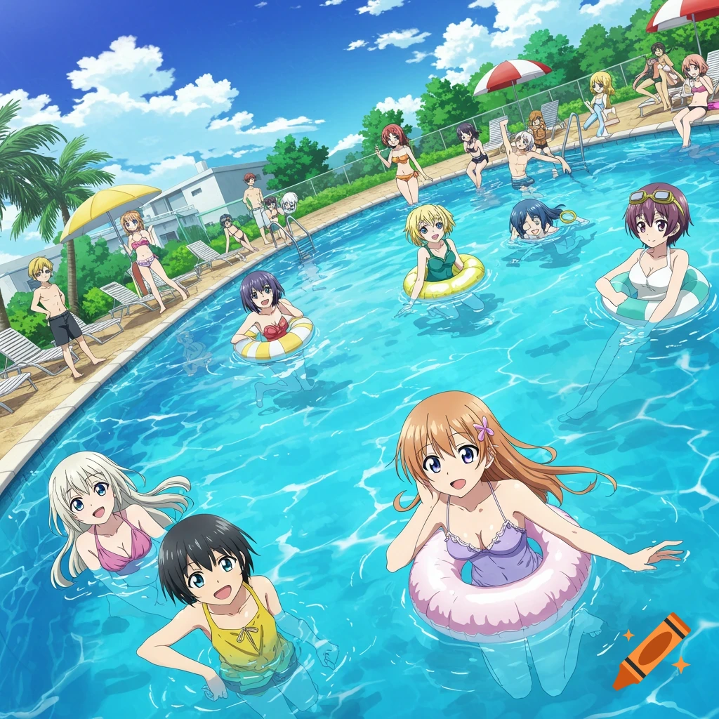 Anime illustration of many characters swimming and relaxing by a pool.