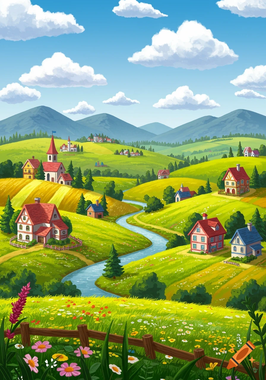 Colorful illustration of a European countryside landscape with rolling hills, river, houses, and flowers.