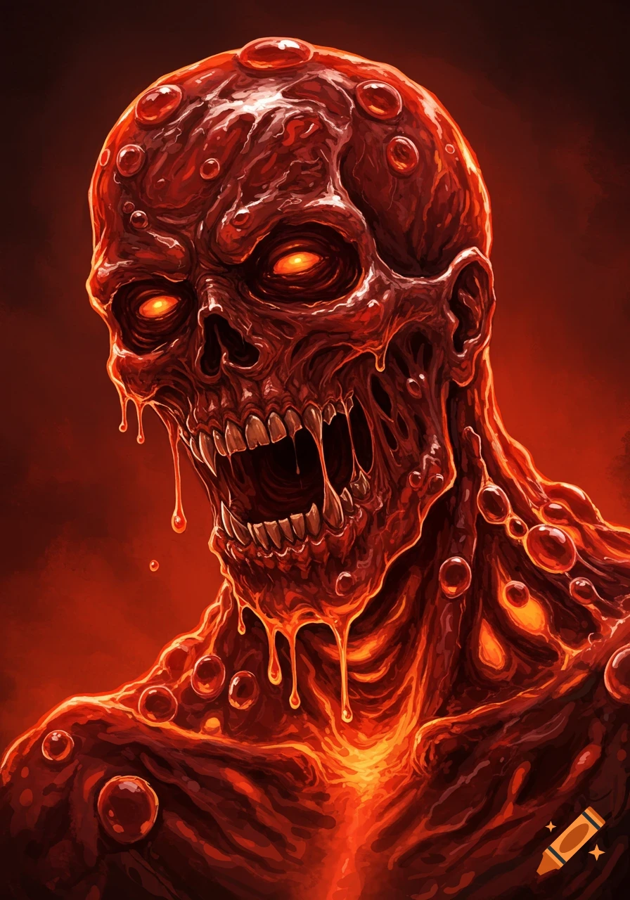 Close-up of a zombie-like creature made of red, bubbling melted tar with glowing eyes.