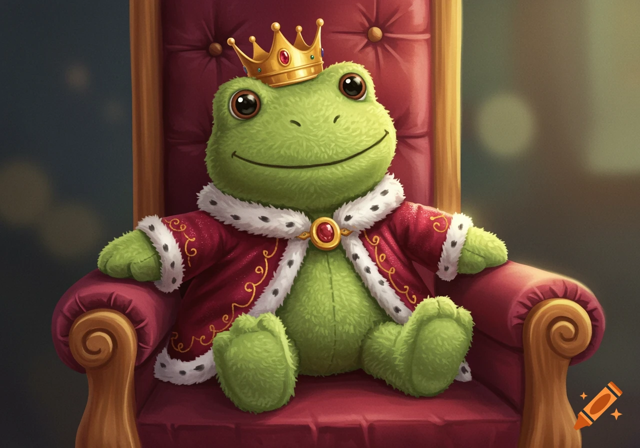 A stuffed green frog wearing a crown and king's robe sits on a red throne. Cartoon style.