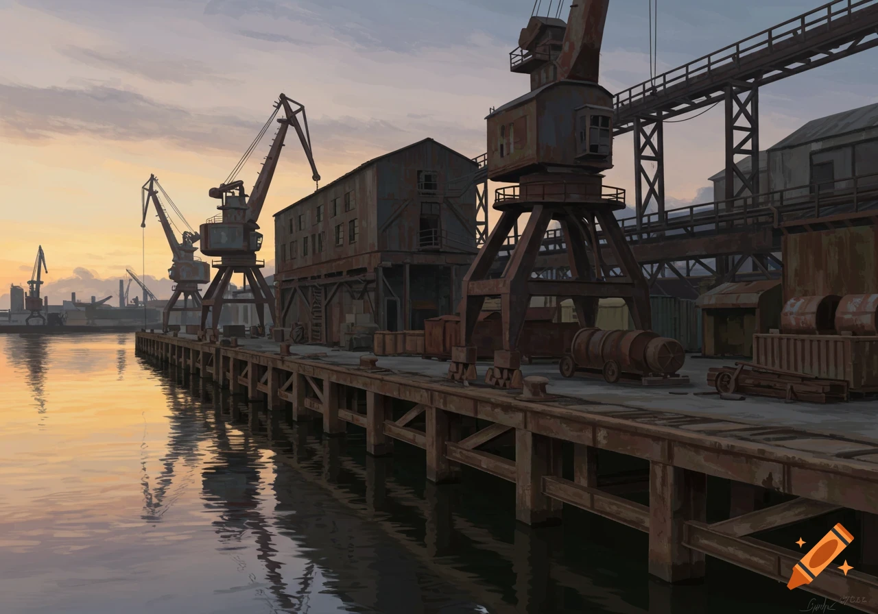 Old industrial dock with cranes and buildings at sunrise or sunset, digital painting.
