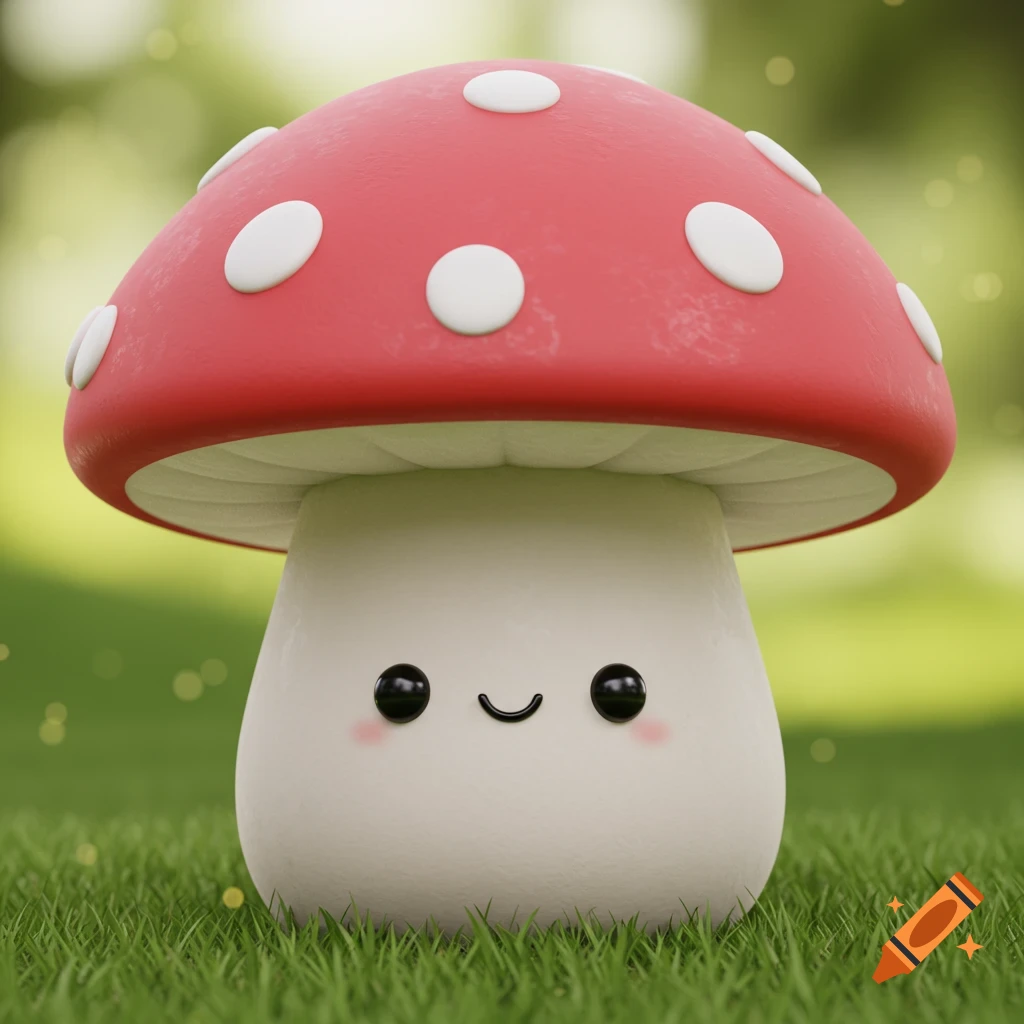 A cute 3D cartoon mushroom with a red cap on grass.