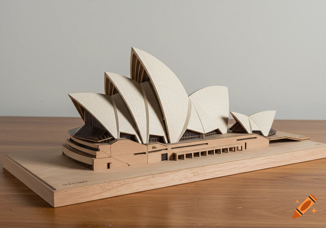 A detailed wooden architectural model of the Sydney Opera House on a base.