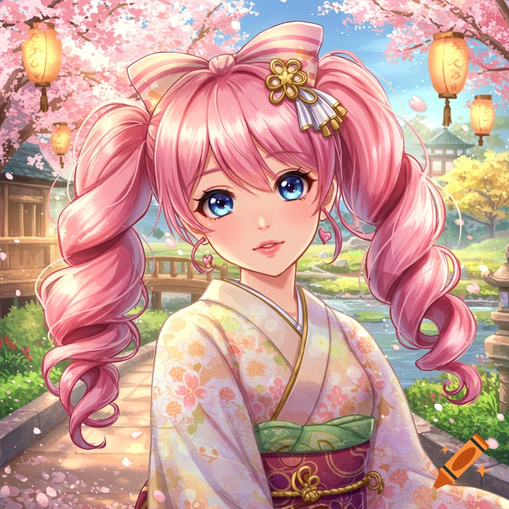 Anime girl with pink hair in a kimono among cherry blossoms.