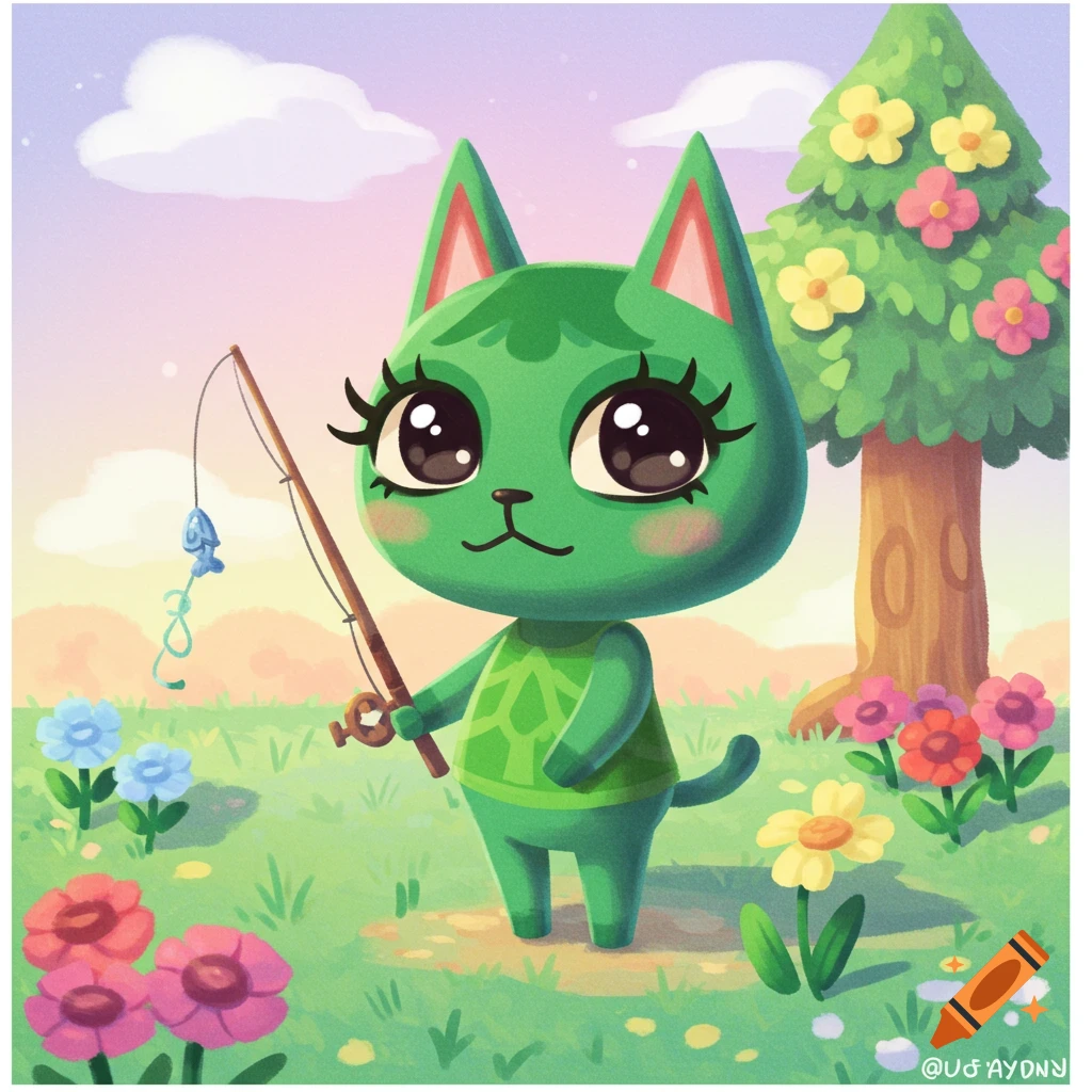 A green cat character in Animal Crossing style fishes in a field with flowers.
