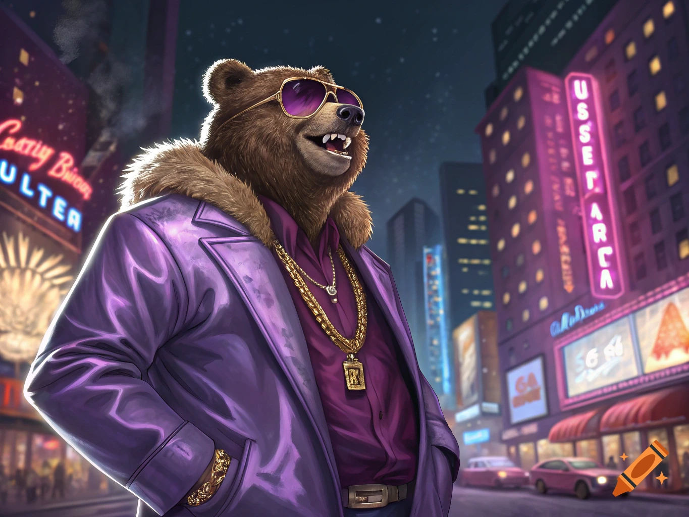Anthropomorphic bear in purple suit, sunglasses, and gold chains stands in a city at night.