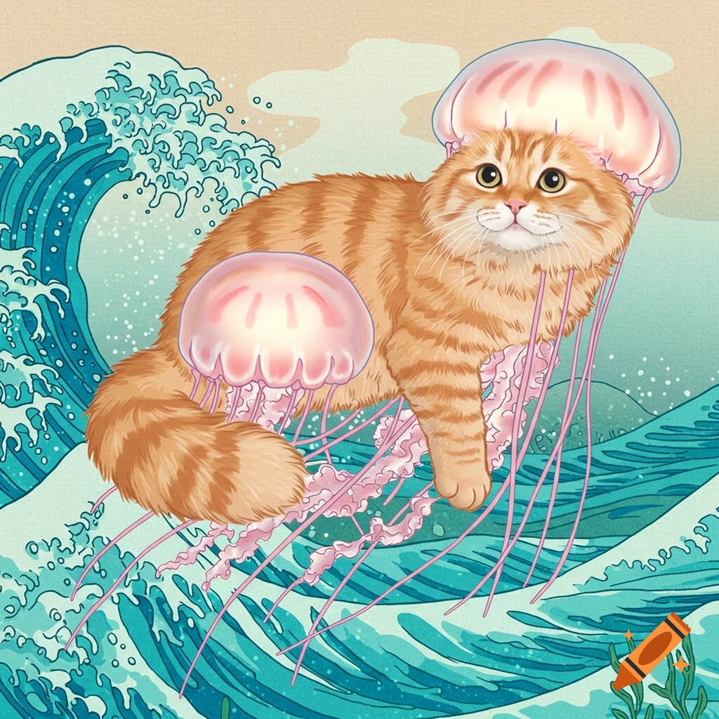 An orange cat rides a pink jellyfish on a large wave in the style of Hokusai's The Great Wave.