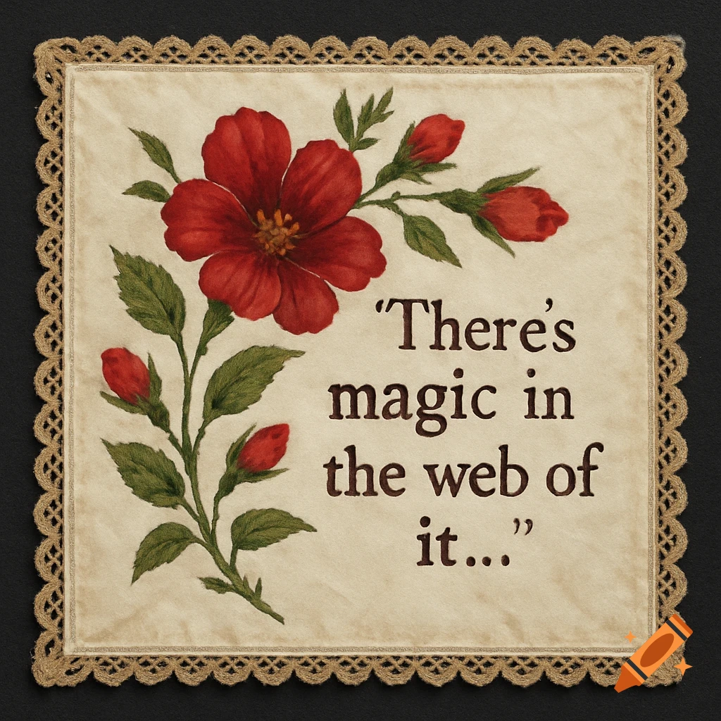 A square fabric handkerchief with lace trim, featuring a red flower and the text "There's magic in the web of it..."
