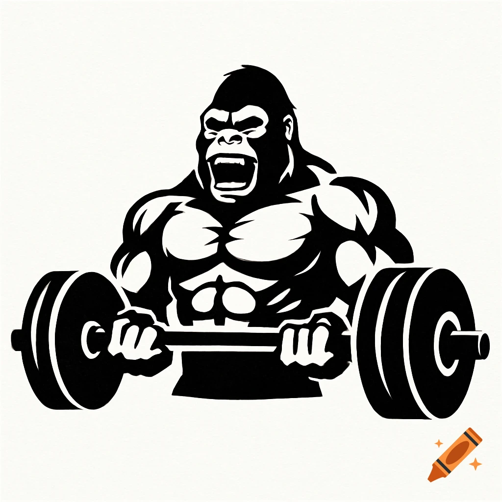 Black and white stencil logo of a muscular gorilla lifting a barbell.