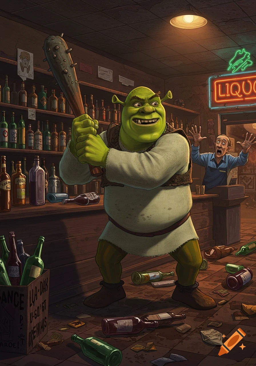 Shrek holds a spiked bat in a ransacked liquor store, facing a scared person behind the counter. Cartoon style.