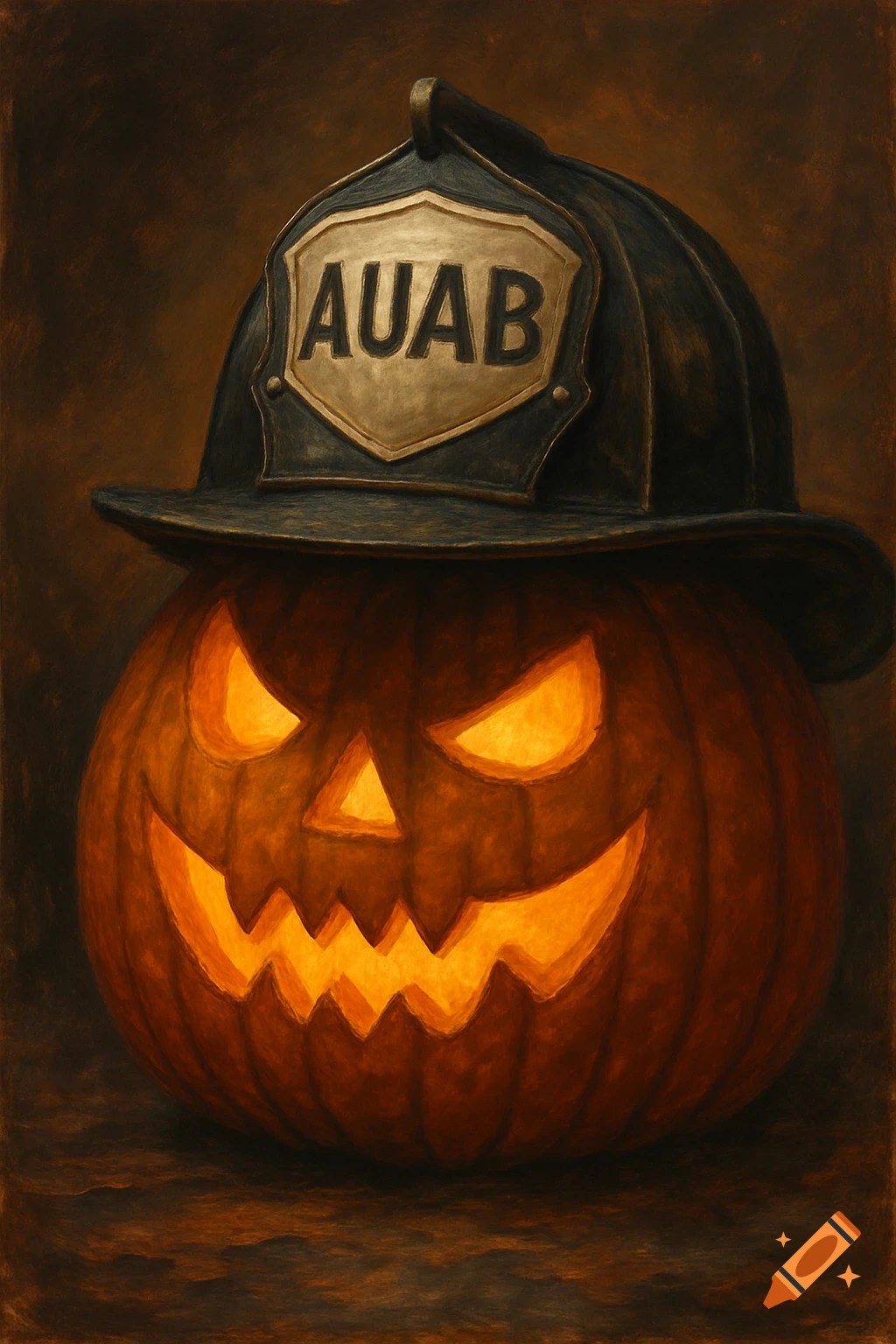 A glowing jack-o'-lantern wearing a dark firefighter helmet with 'AUAB' on a badge.