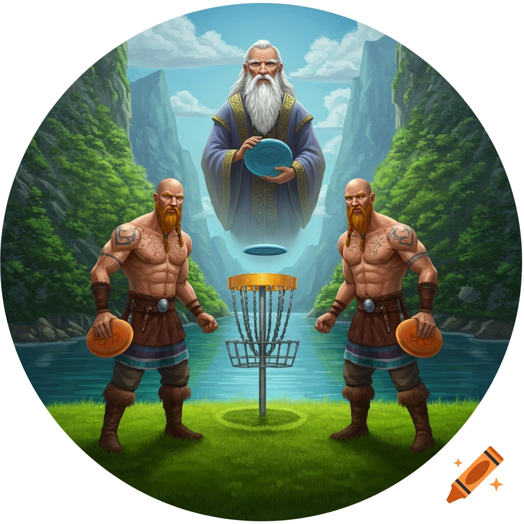 Fantasy realism image of two Vikings playing disc golf under the watch of a floating sage in a fjord.