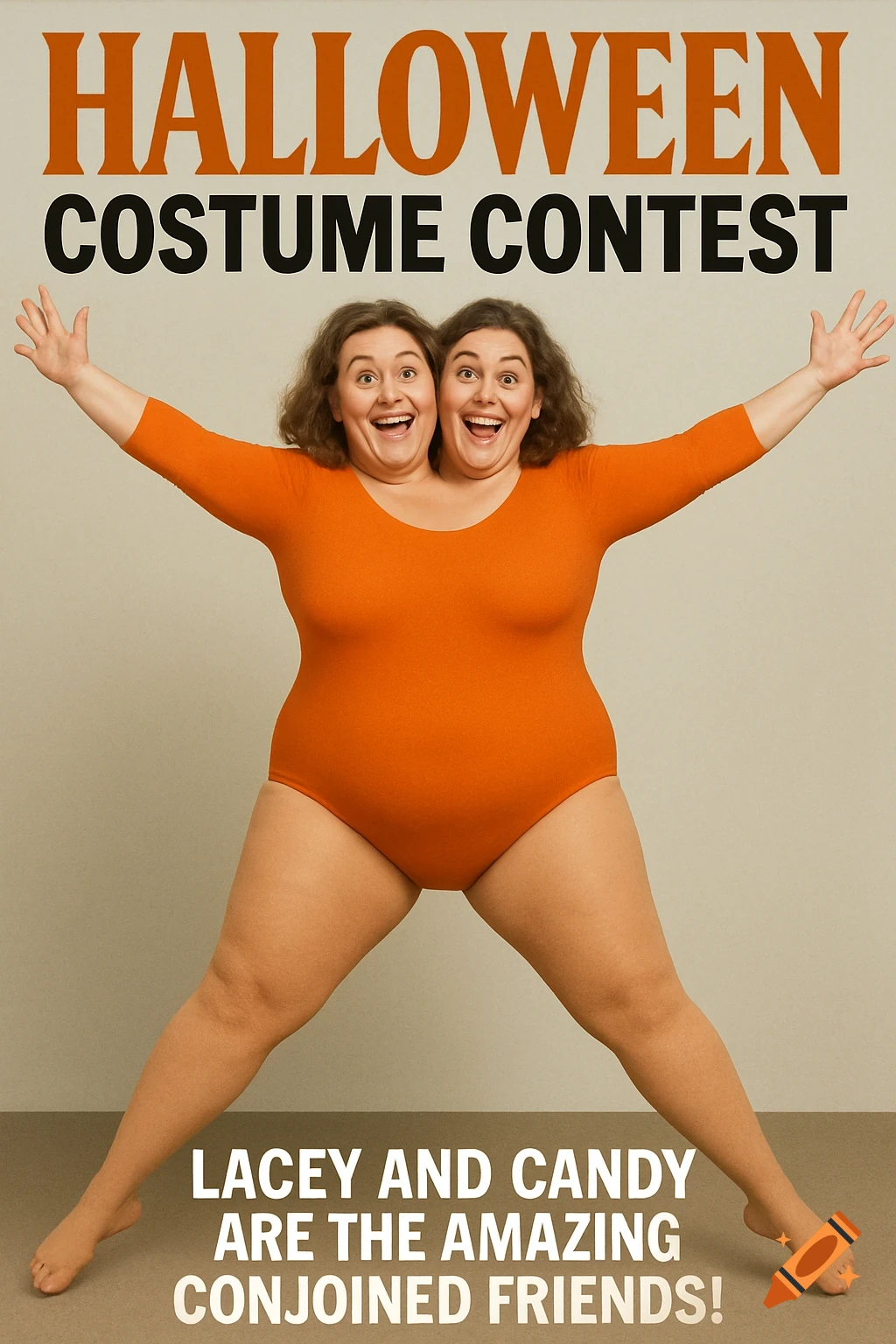 Two smiling women conjoined into one body wear an orange leotard for a Halloween costume contest.