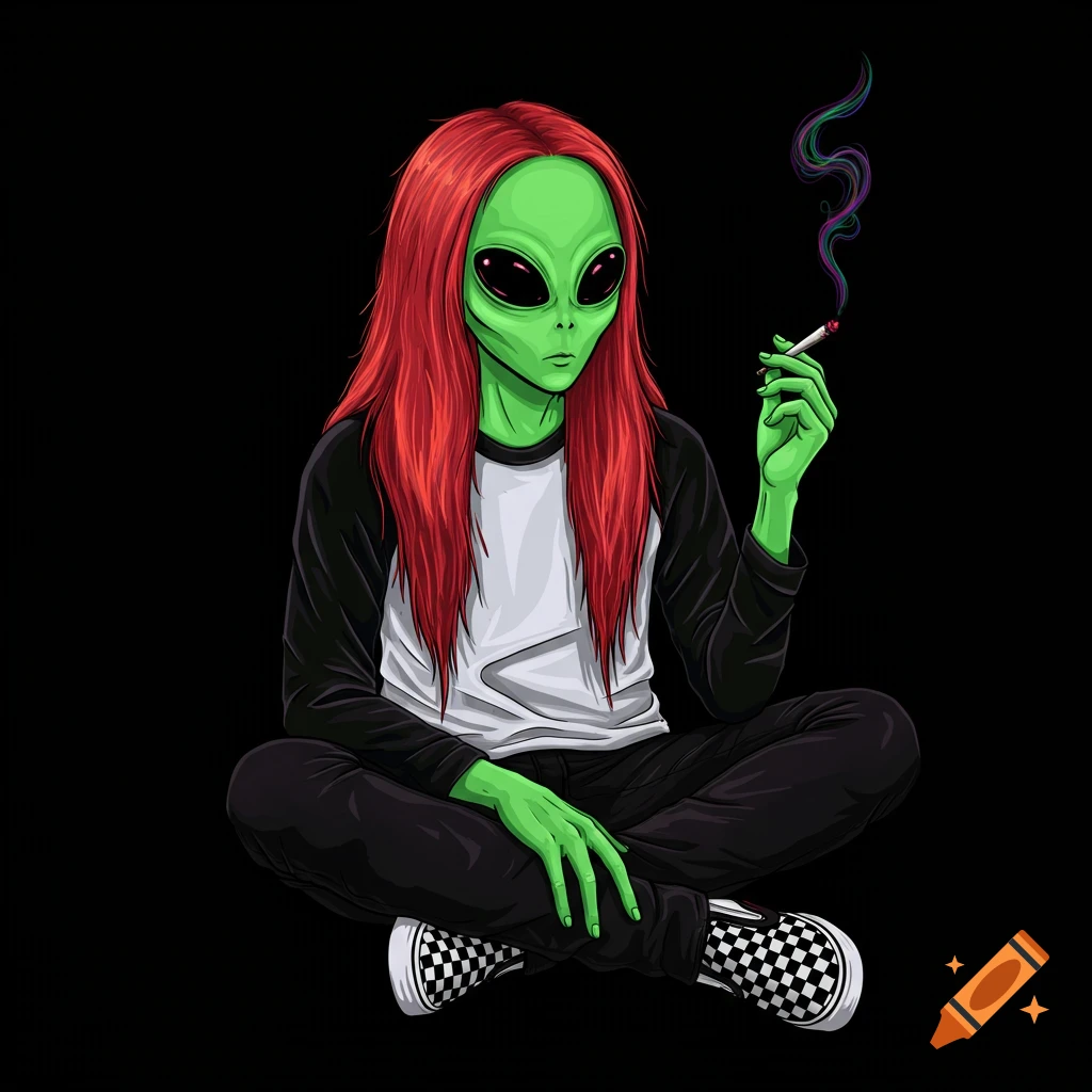 An illustration of a green alien with red hair sitting cross-legged and smoking.