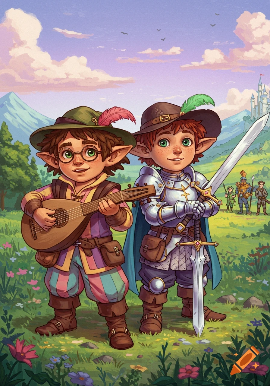 Two cartoon fantasy halfling characters, a bard with a lute and a paladin with a sword, stand in a field with a castle.