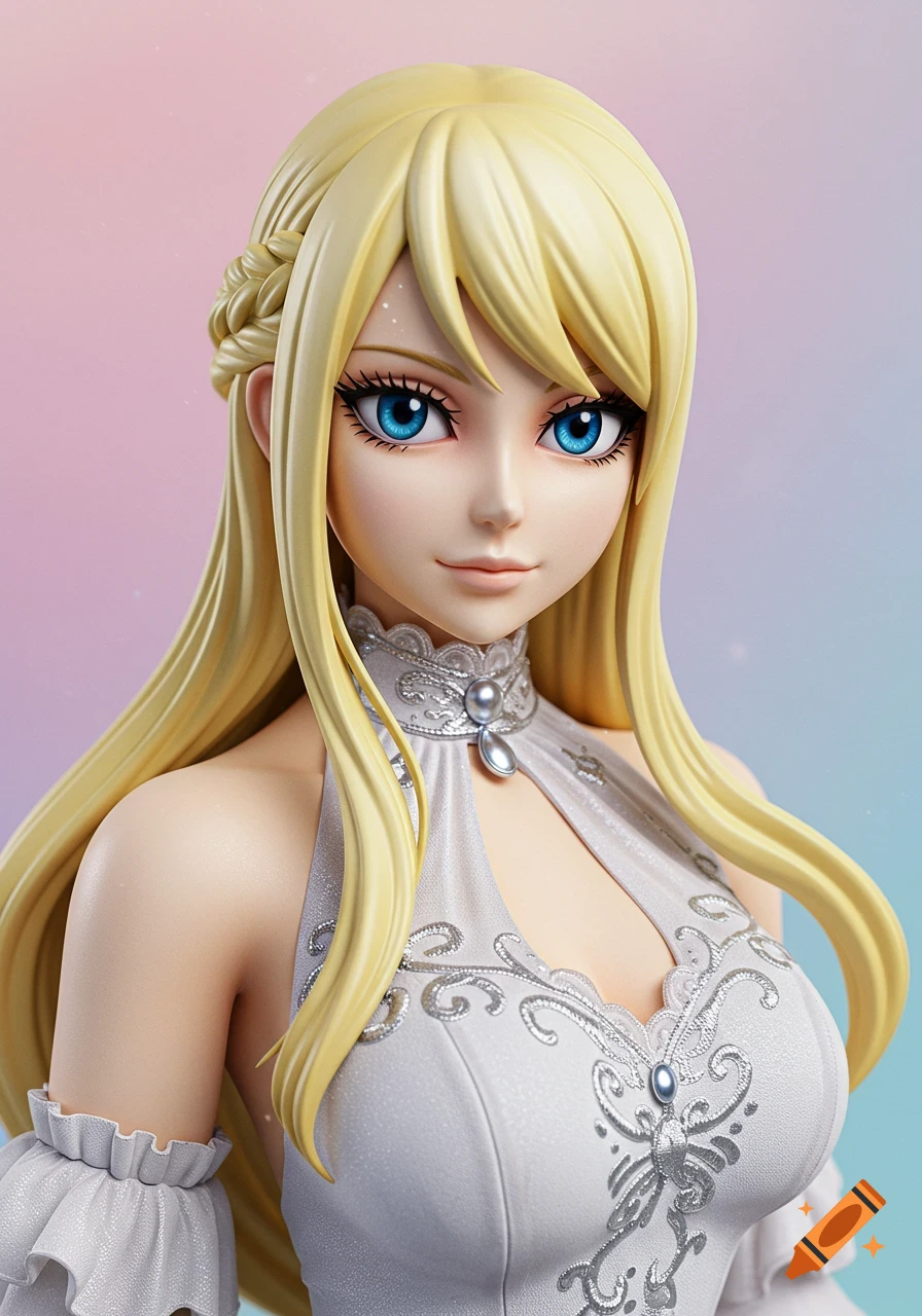 Close-up 3D render of a blonde anime-style woman in a white dress.