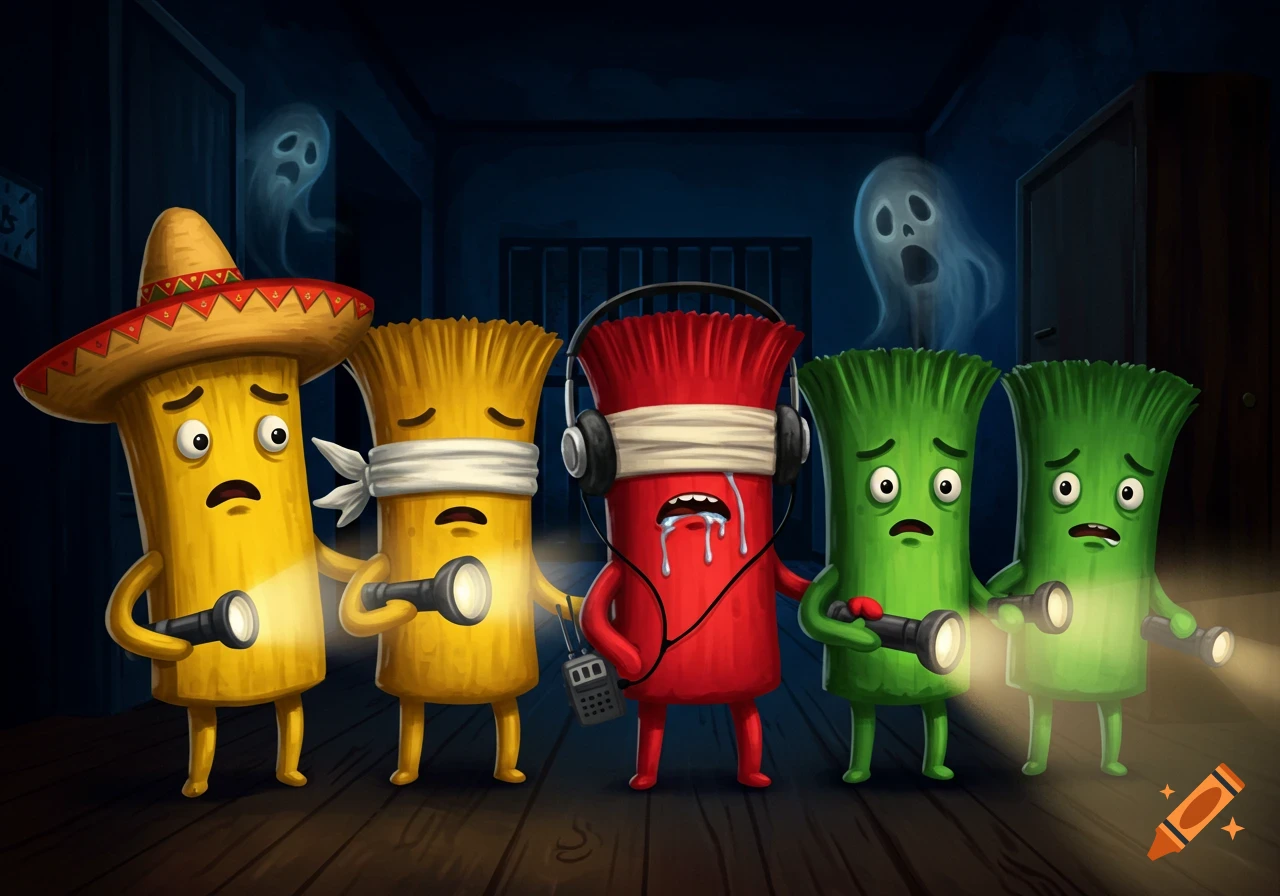 Cartoon brushes exploring a spooky house with ghosts, holding flashlights.