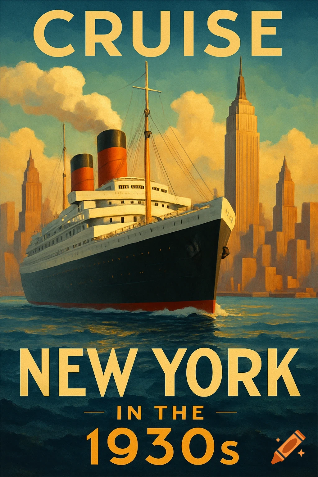 Vintage style travel poster showing a large cruise ship sailing towards the New York City skyline. Text reads "CRUISE NEW YORK IN THE 1930s".