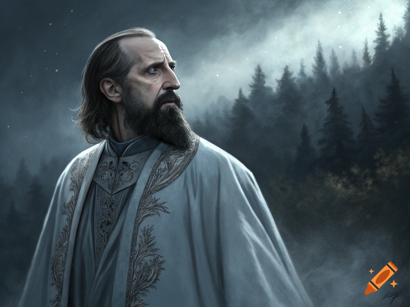 Portrait of a man with a beard and long hair wearing a decorated robe, looking away into a foggy, dark forest.