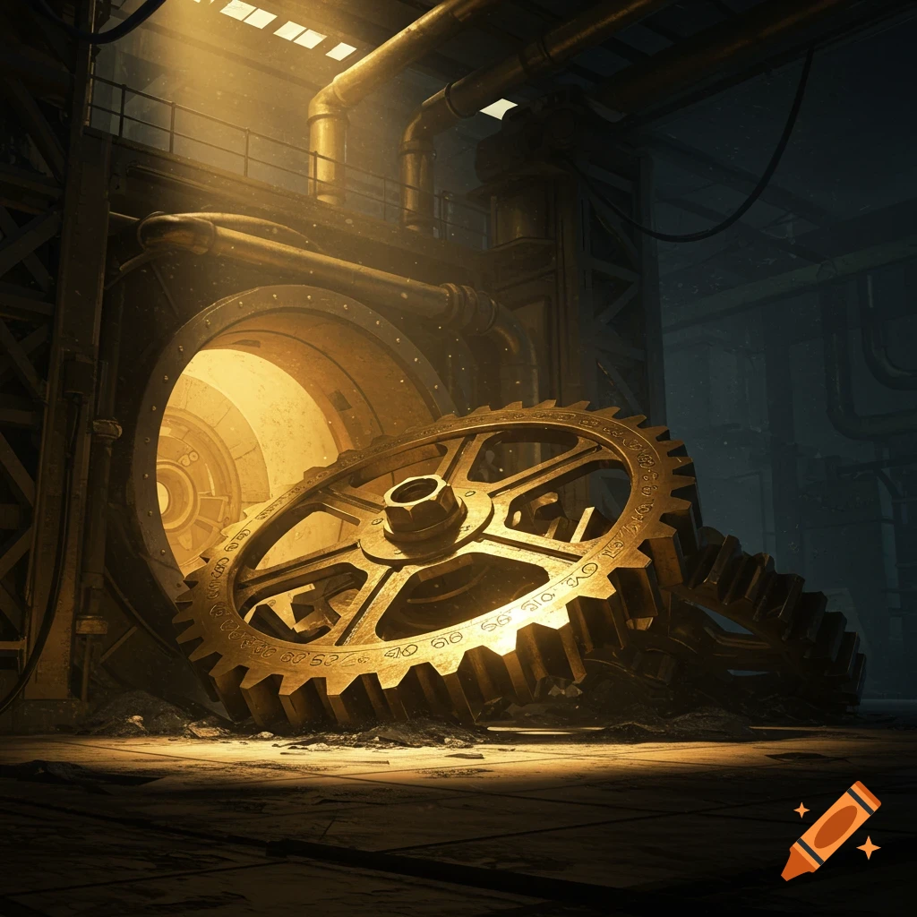 Large golden cog resting on floor next to glowing portal in dark industrial room.