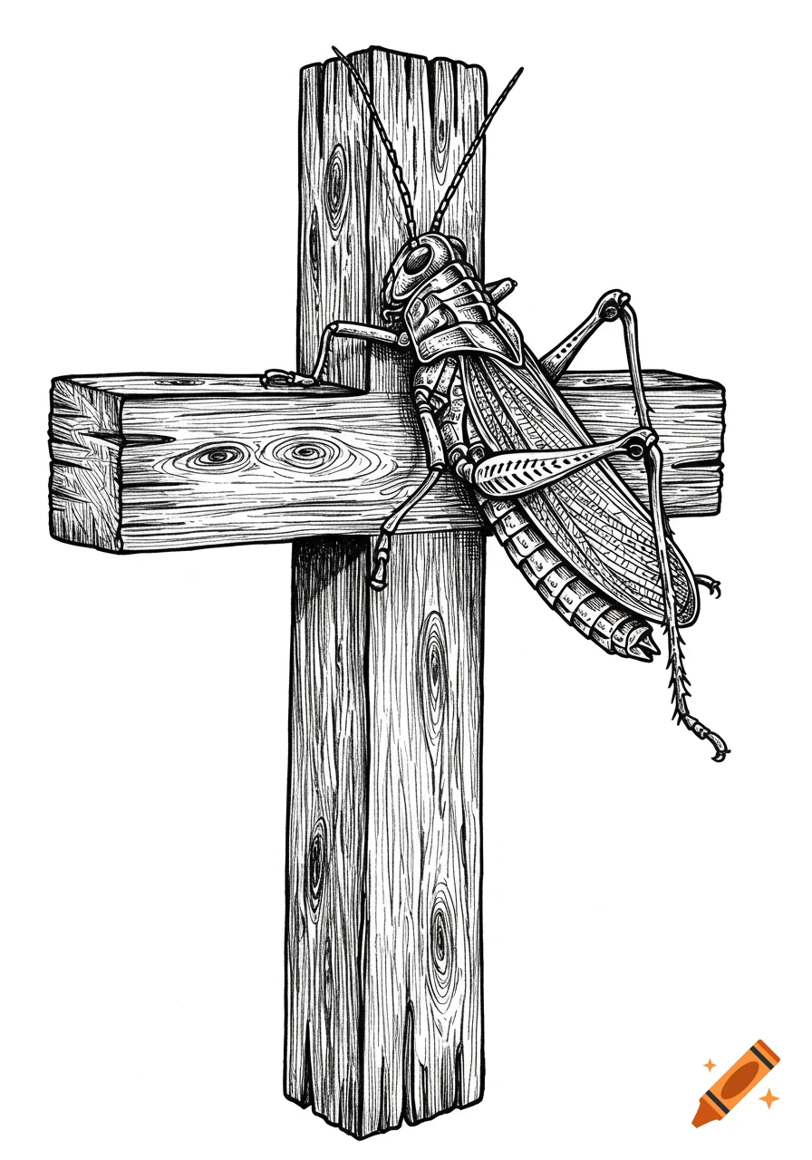 Black and white sketch of a grasshopper on a wooden cross.