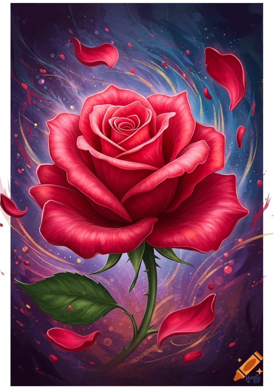 A stylized illustration of a red rose with falling petals against a purple and blue abstract background.