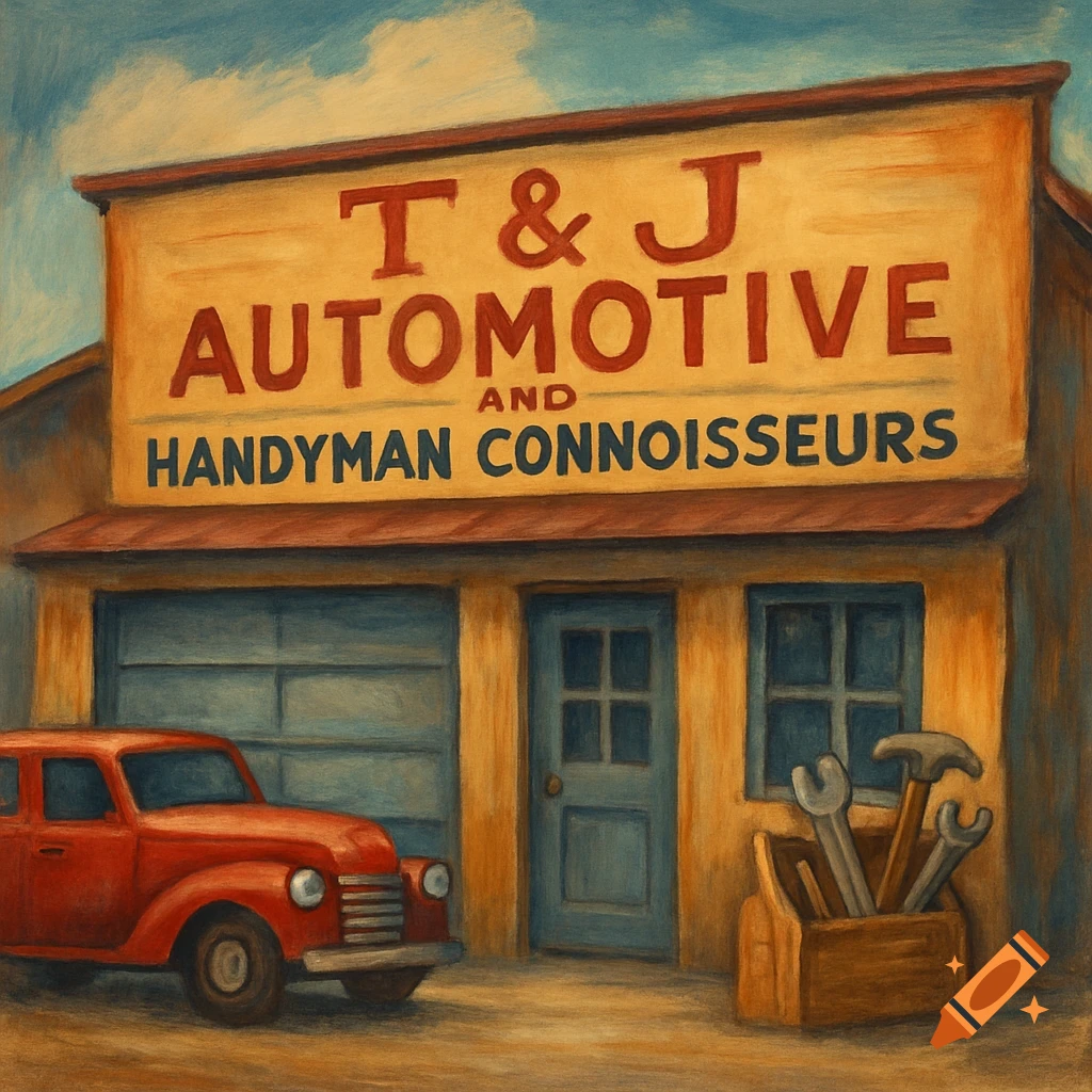 Red car parked in front of a building with an automotive sign, painted style.